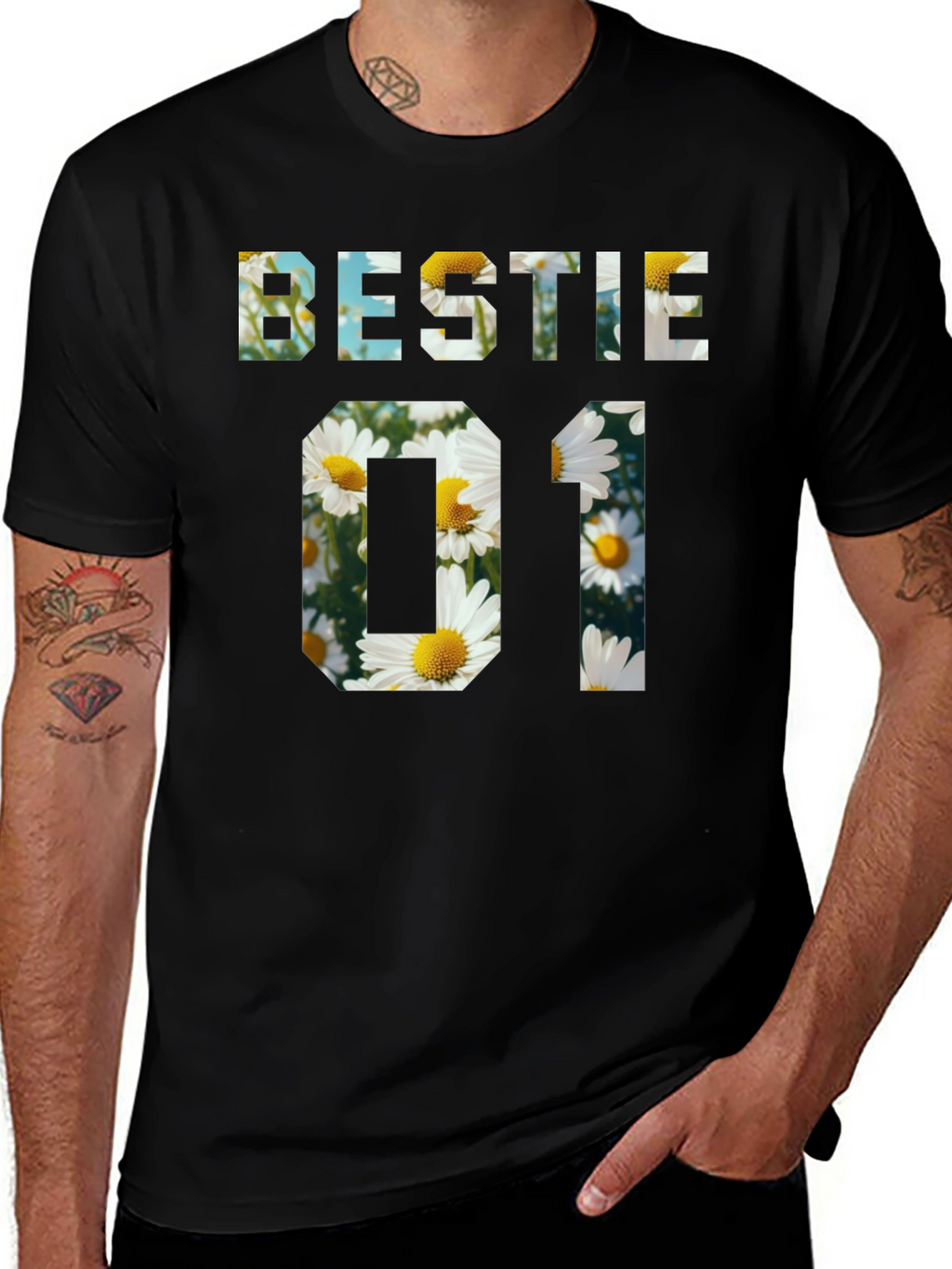Bestie 01 Floral Graphic Black T-Shirt