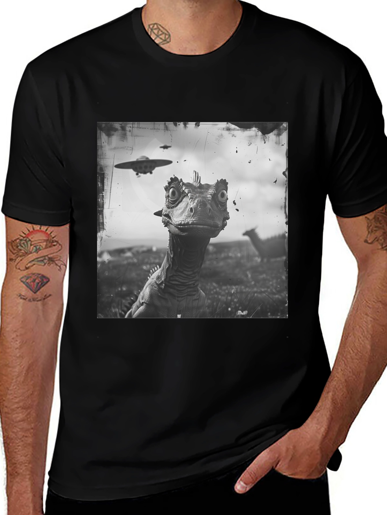 Dinosaur UFO Graphic Black T-Shirt