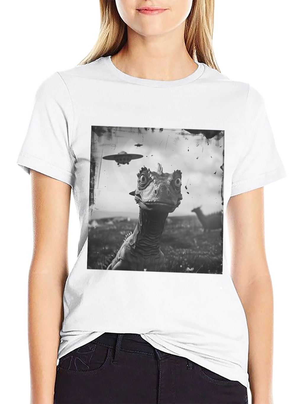 Dinosaur UFO Graphic Black T-Shirt