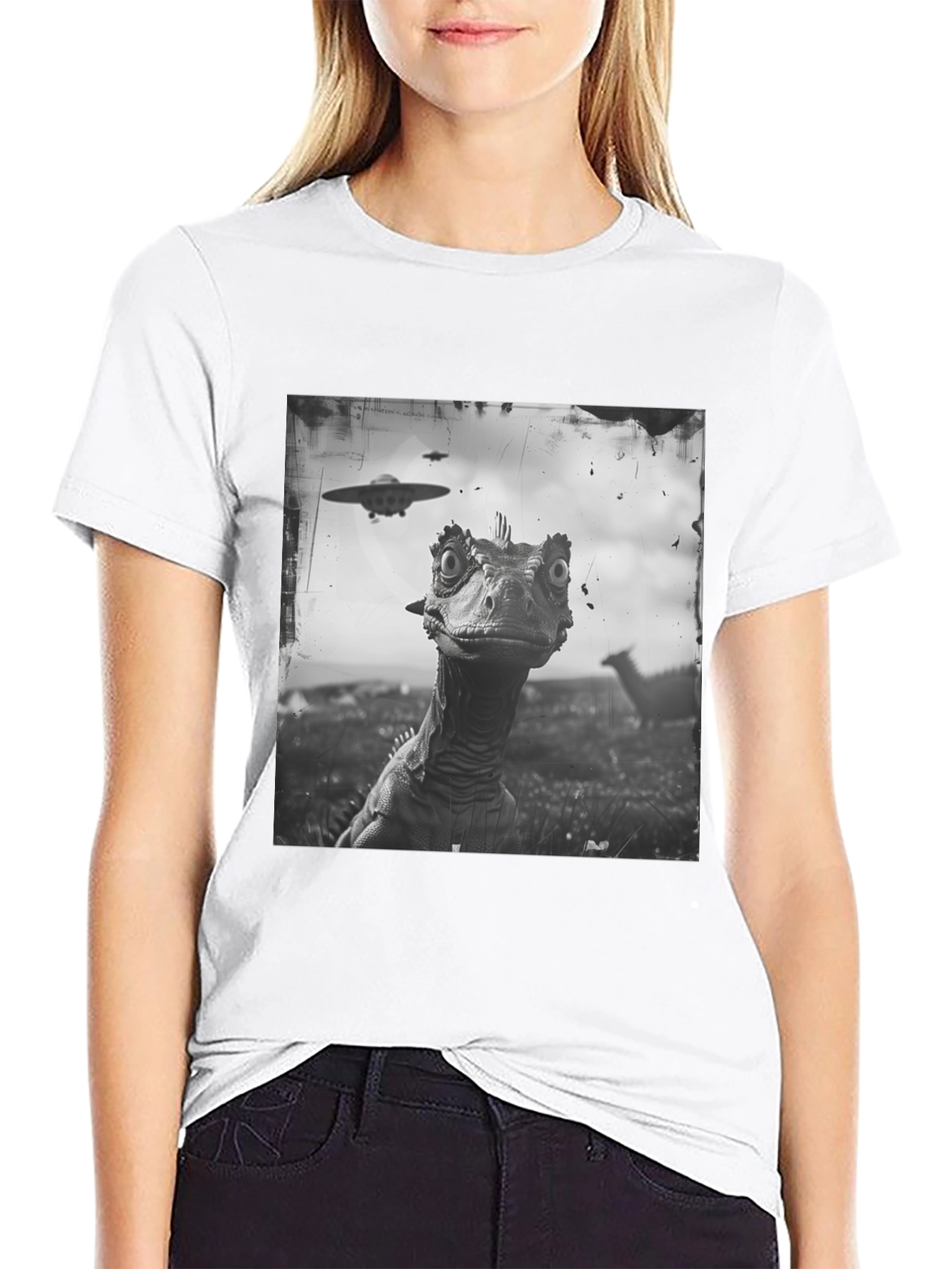 Dinosaur UFO Graphic Black T-Shirt