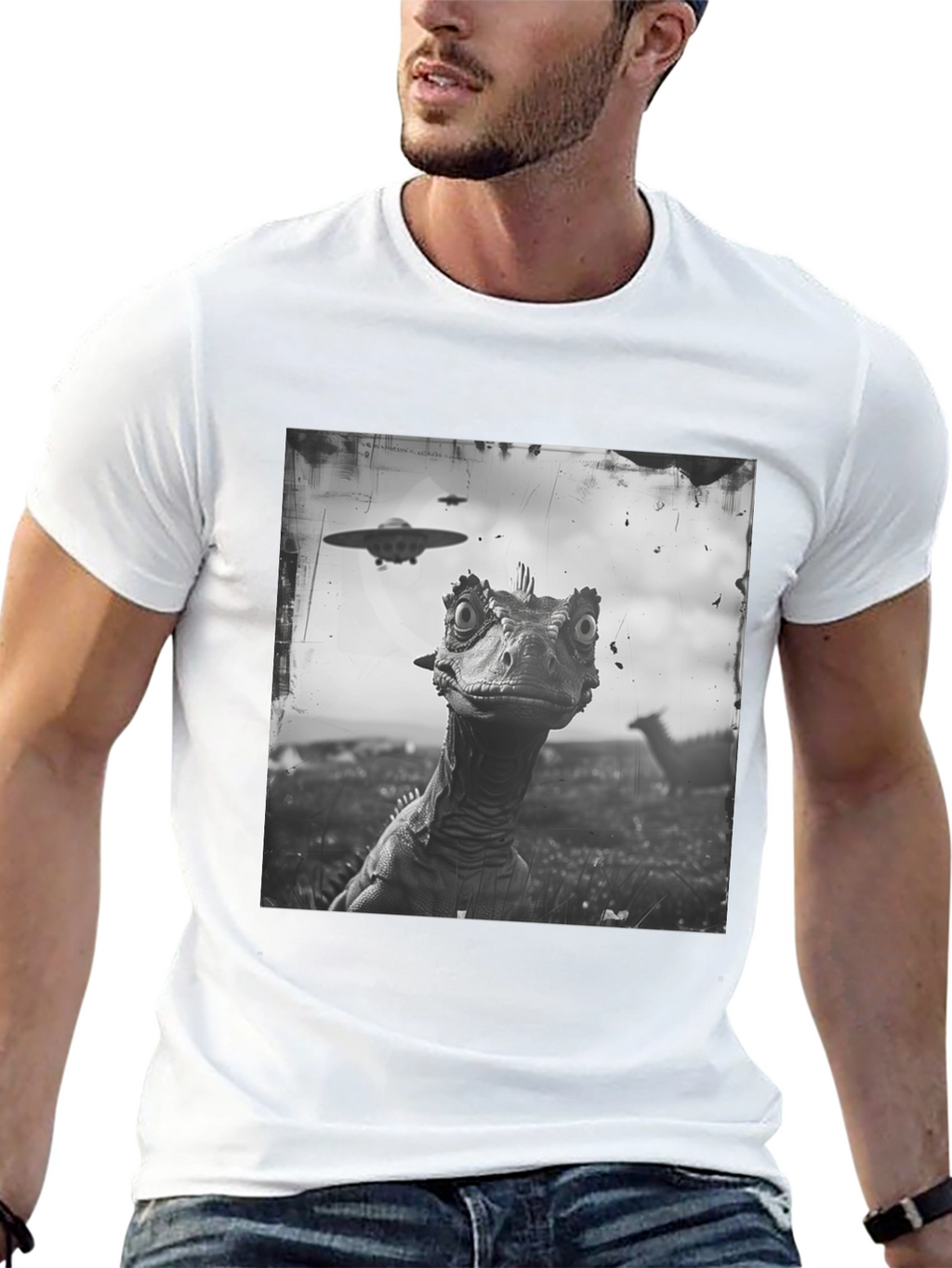 Dinosaur UFO Graphic Black T-Shirt
