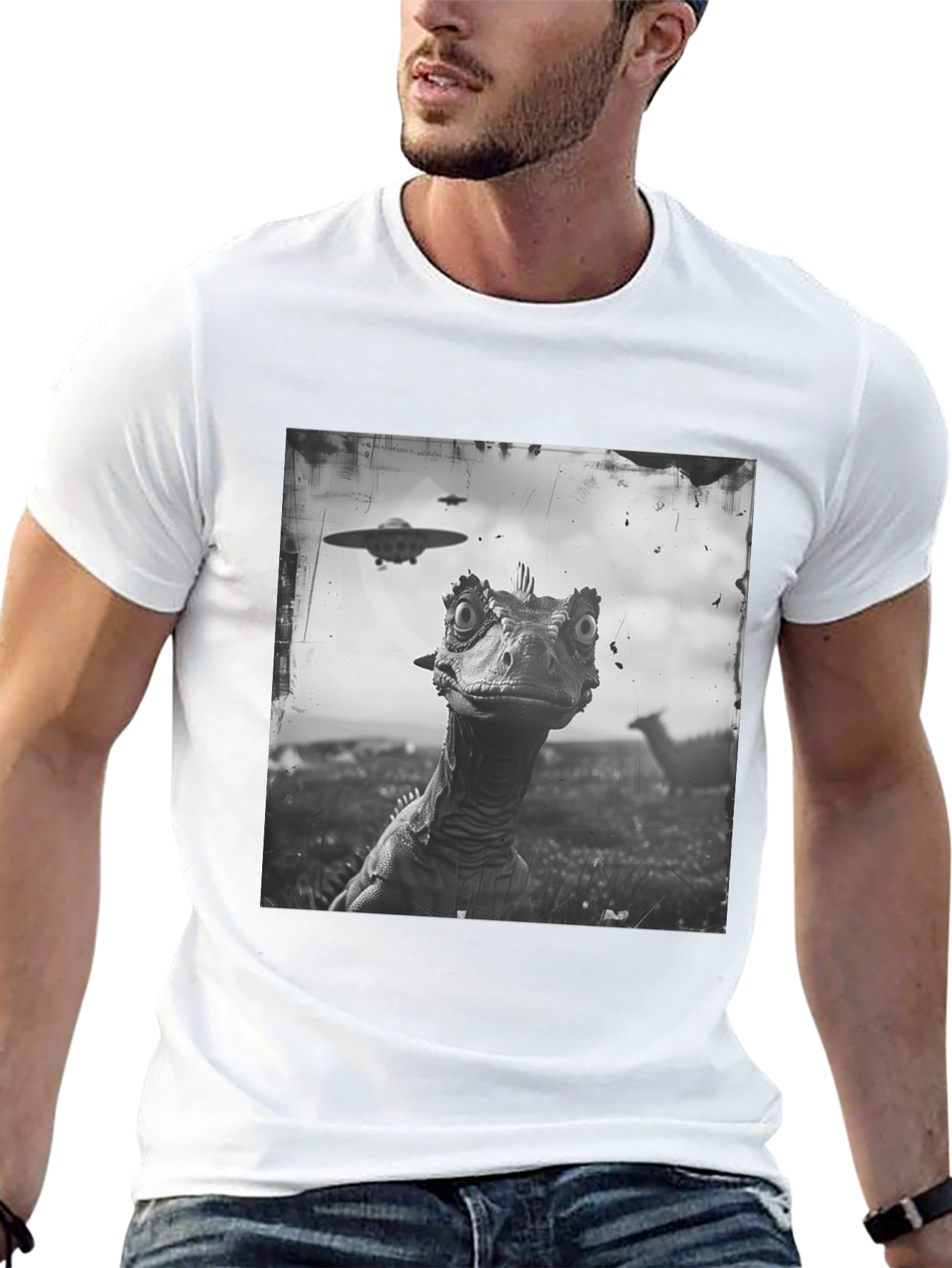 Dinosaur UFO Graphic Black T-Shirt