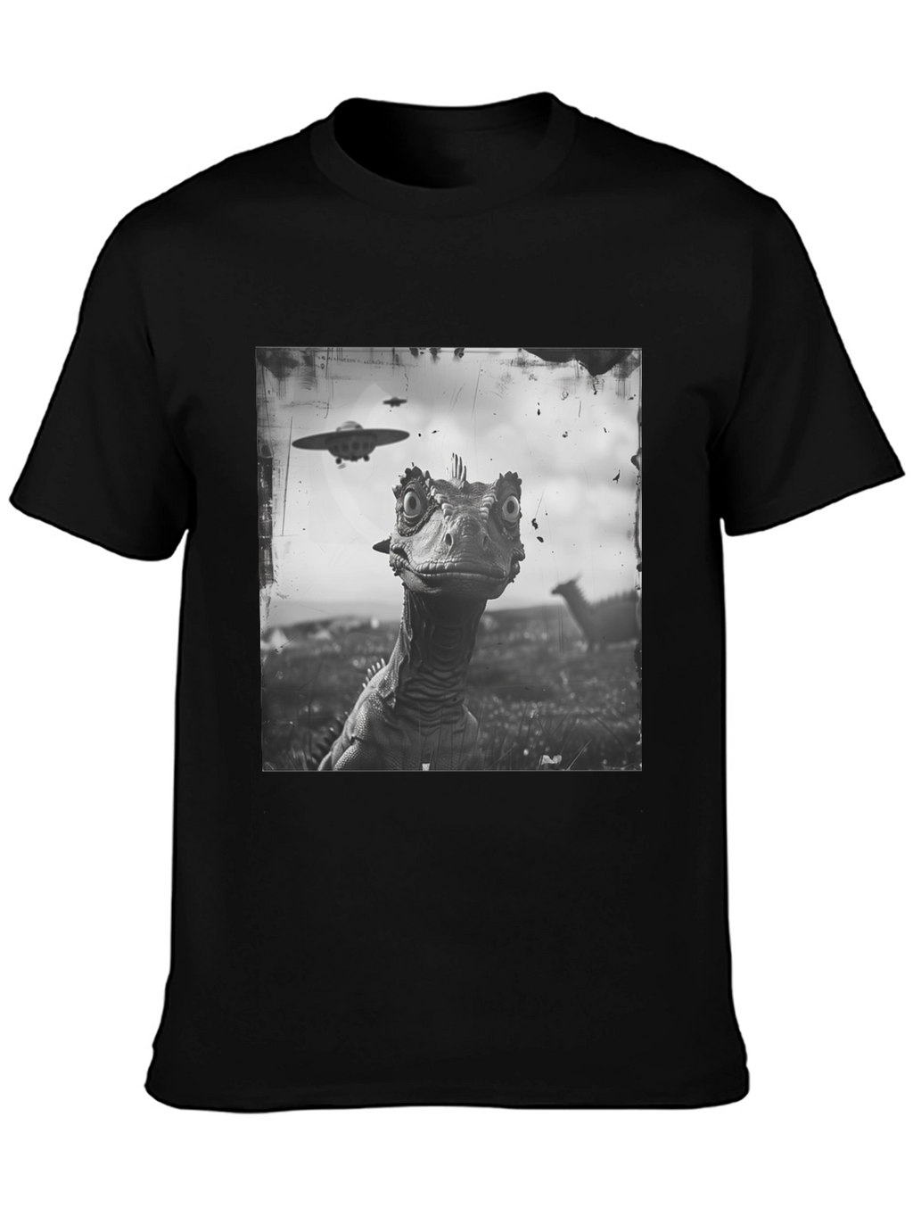 Dinosaur UFO Graphic Black T-Shirt