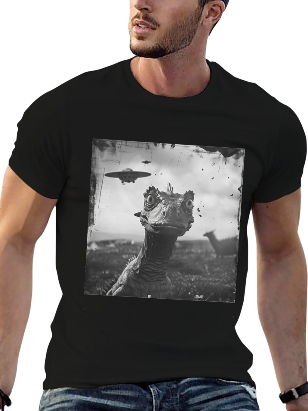 Dinosaur UFO Graphic Black T-Shirt