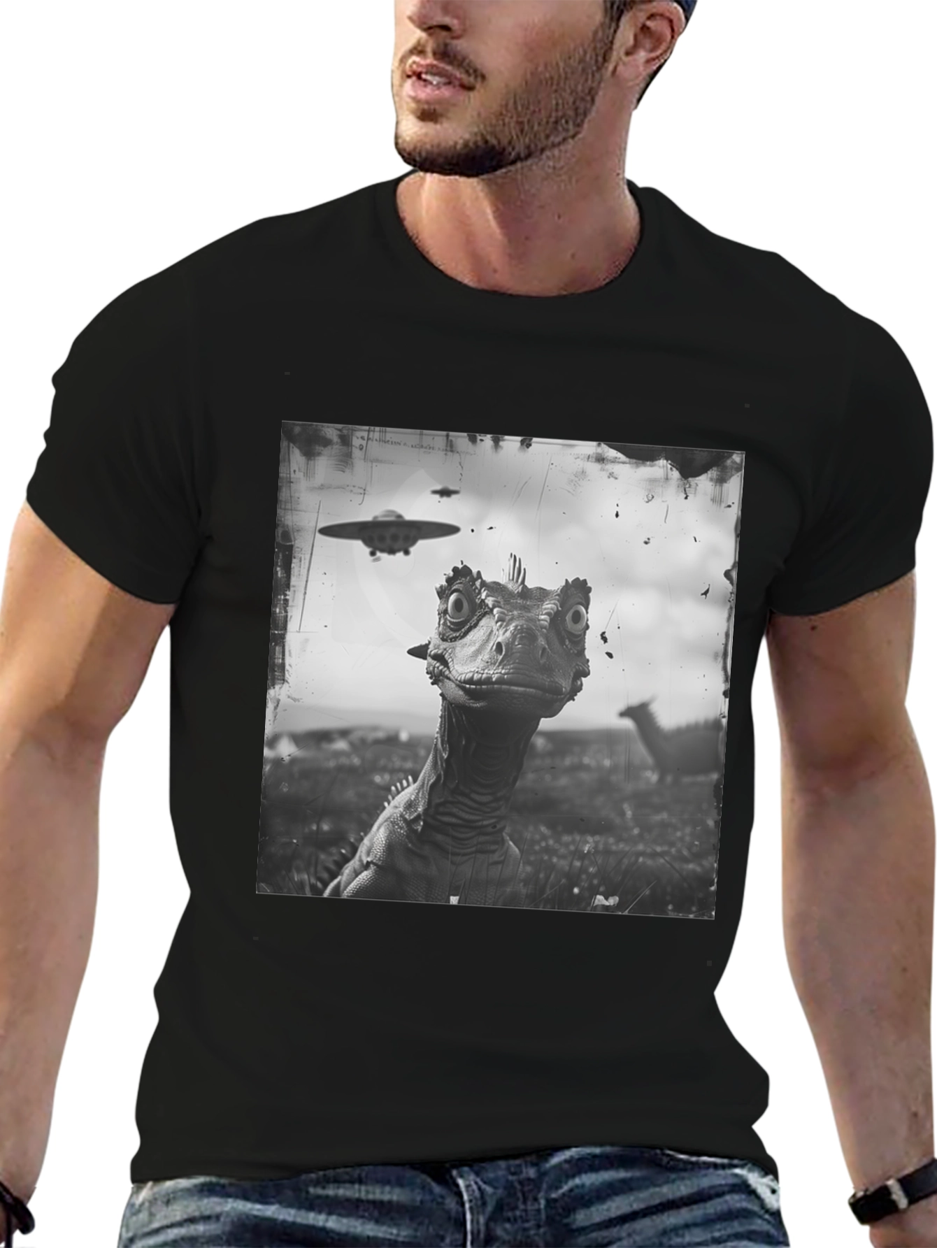 Dinosaur UFO Graphic Black T-Shirt