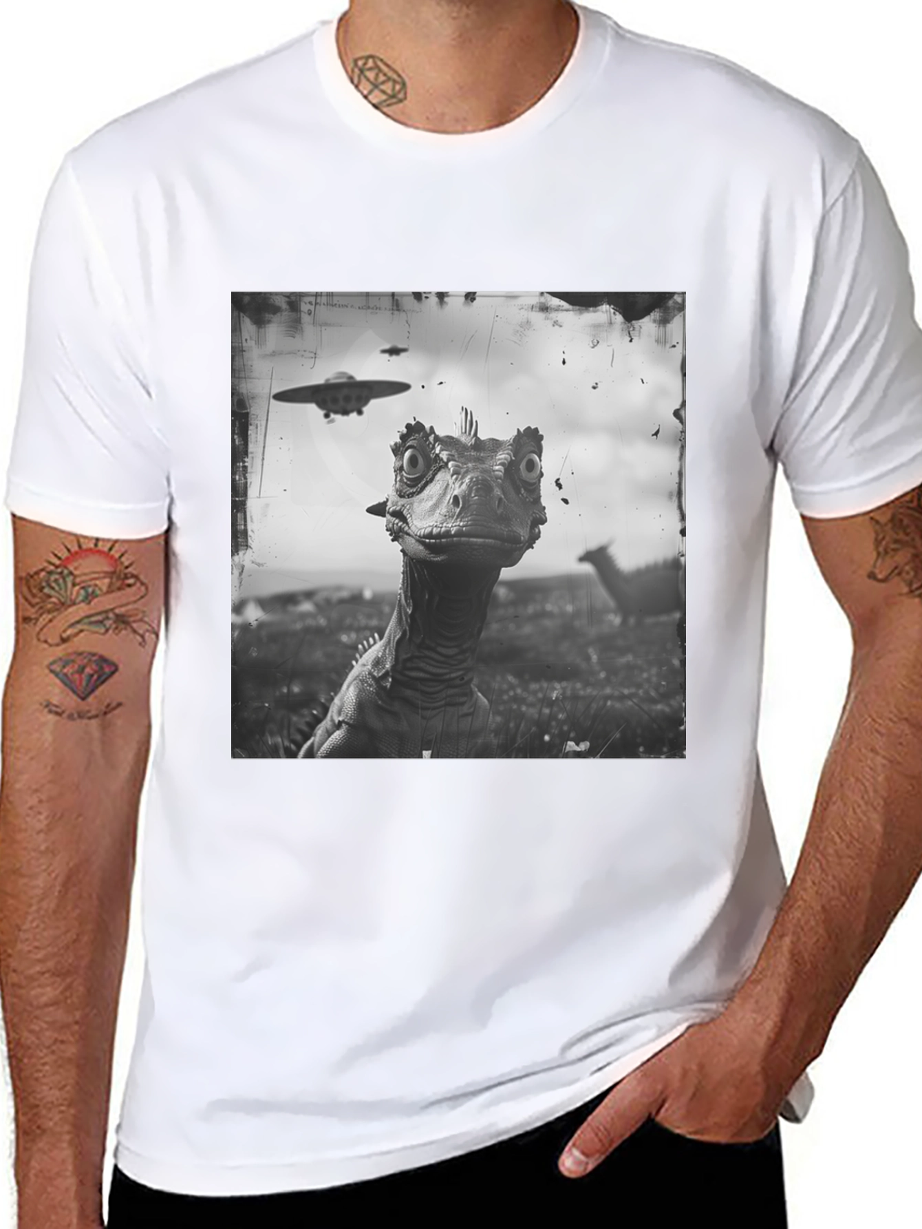Dinosaur UFO Graphic Black T-Shirt