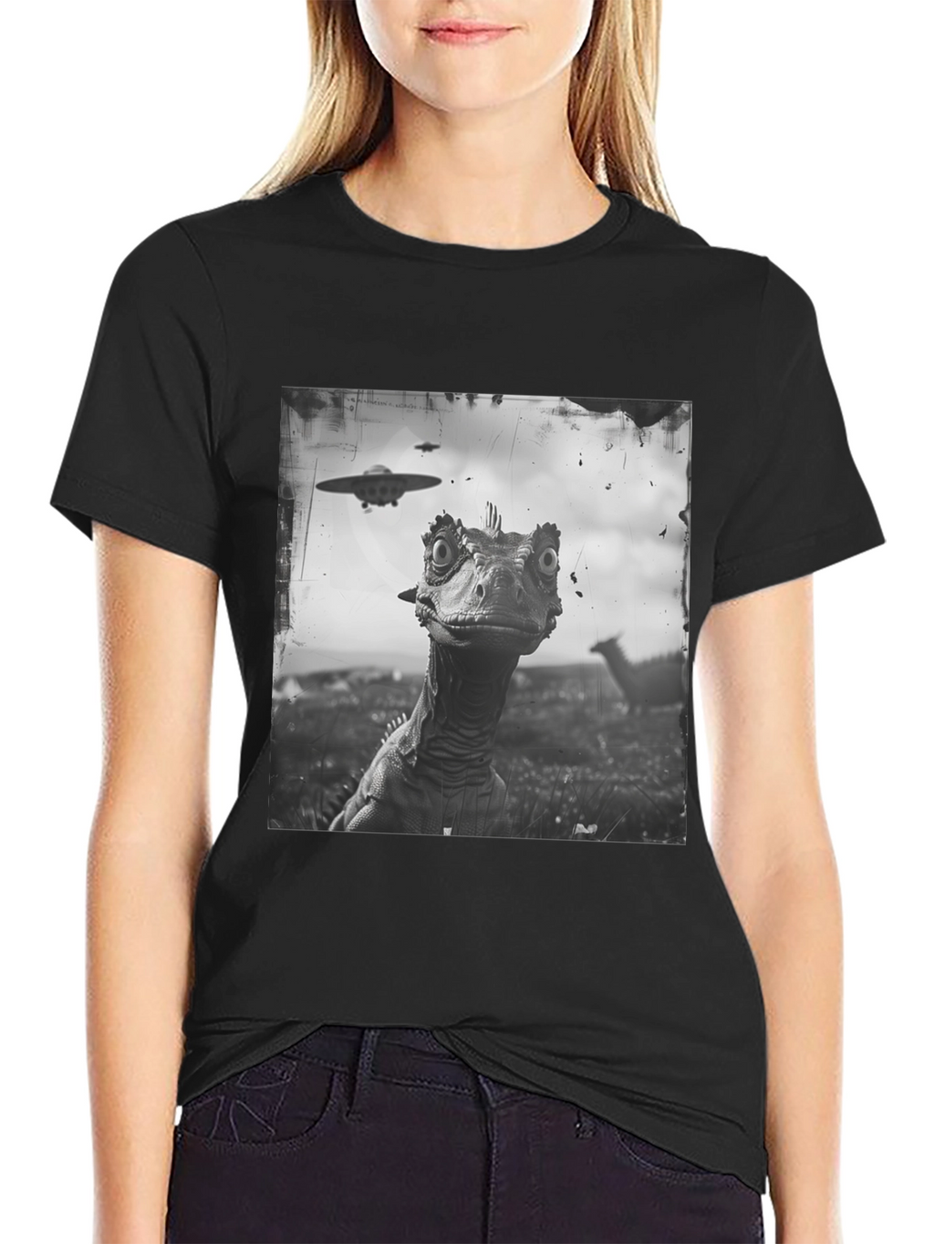 Dinosaur UFO Graphic Black T-Shirt