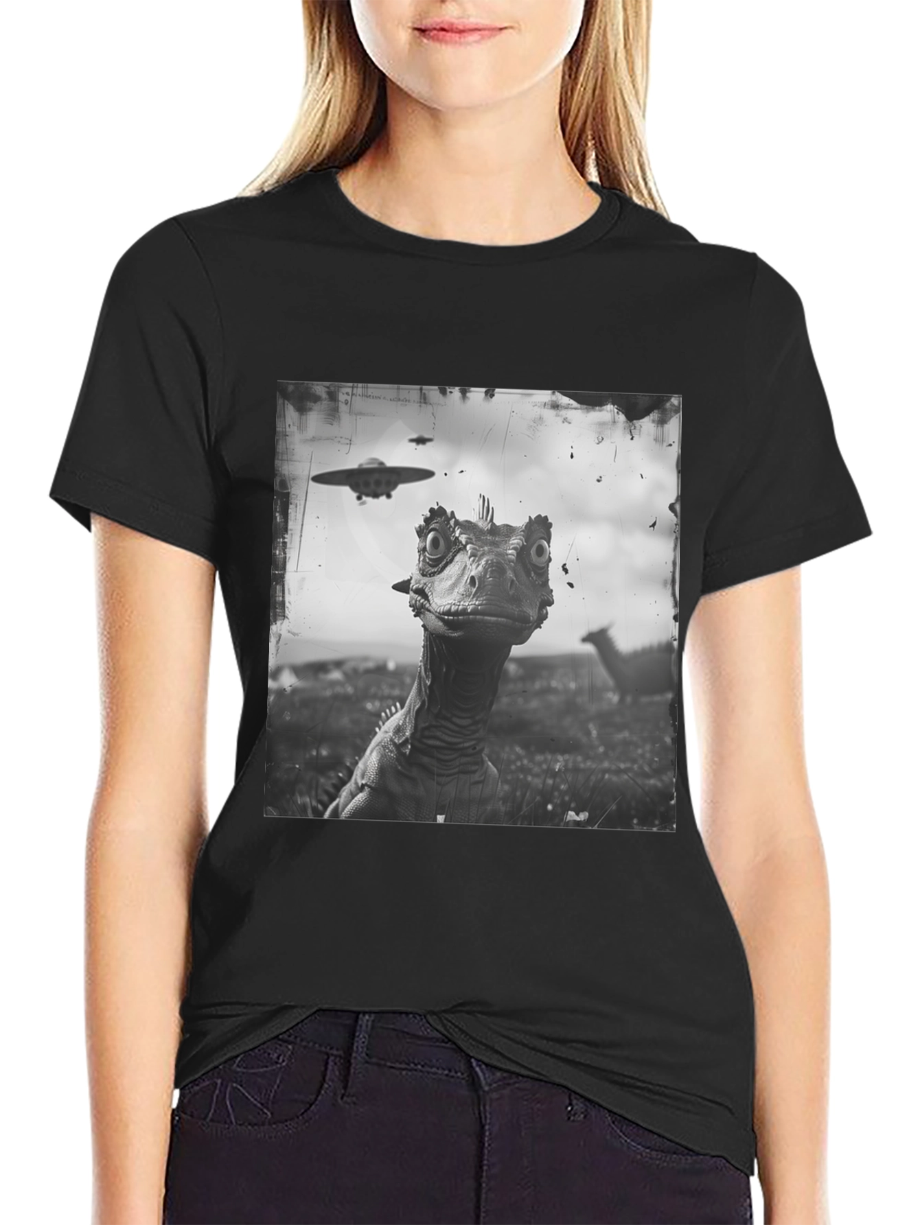 Dinosaur UFO Graphic Black T-Shirt