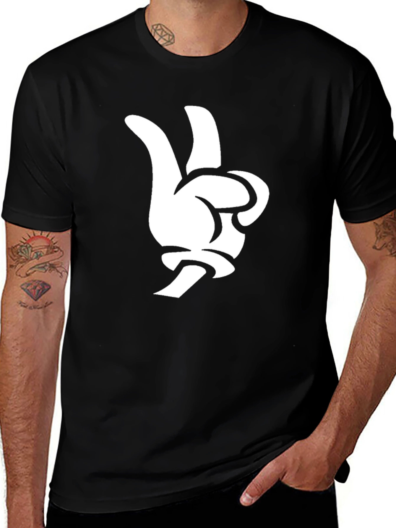 Cartoon Hand Peace Sign Black T-Shirt