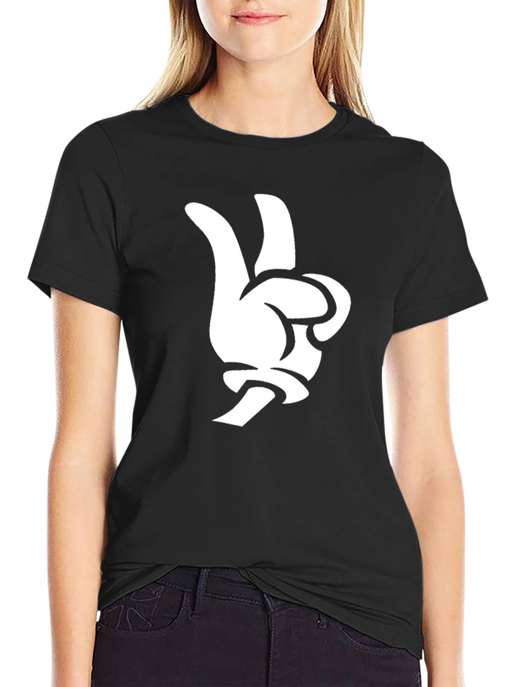 Cartoon Hand Peace Sign Black T-Shirt