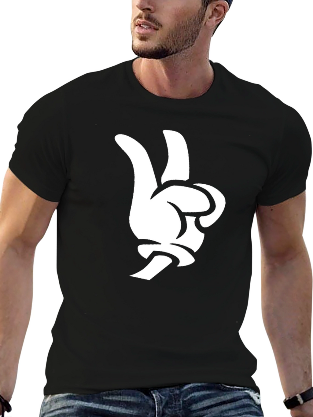 Cartoon Hand Peace Sign Black T-Shirt