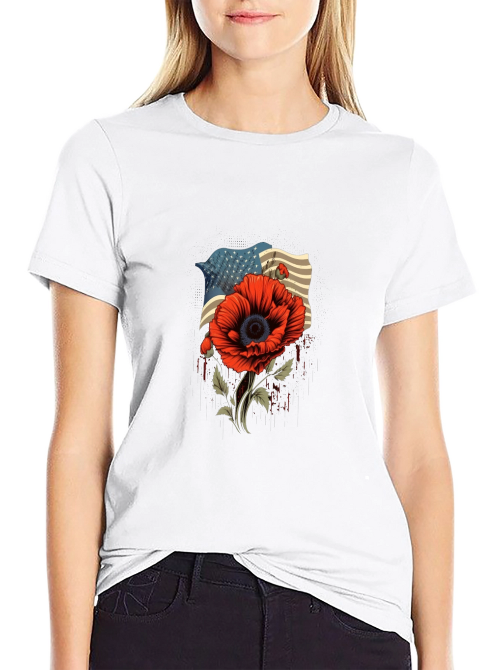 American Flag Poppy Graphic T-Shirt - Patriotic Style
