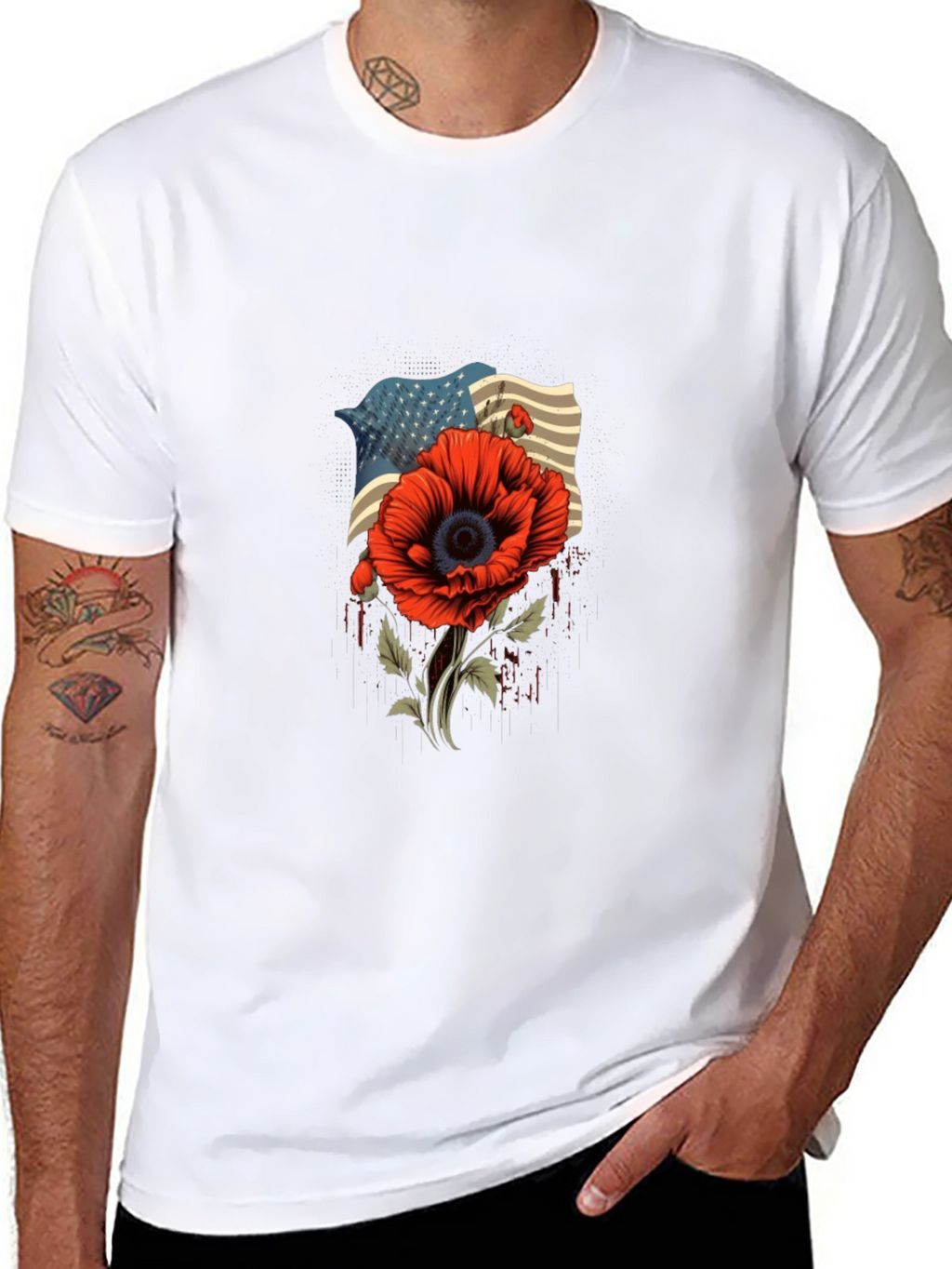 American Flag Poppy Graphic T-Shirt - Patriotic Style