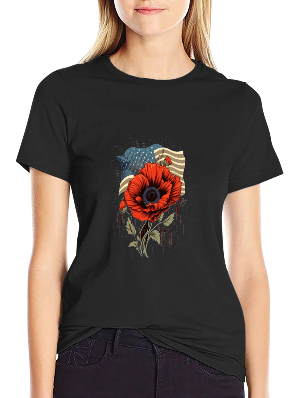 American Flag Poppy Graphic T-Shirt - Patriotic Style