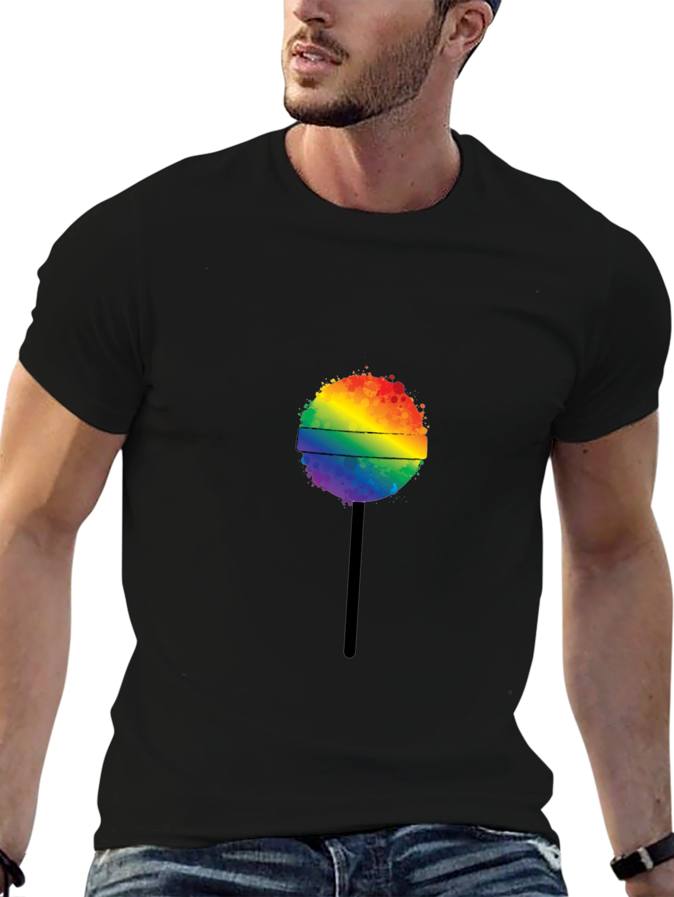 Rainbow Lollipop Graphic Tee - Black Cotton T-Shirt