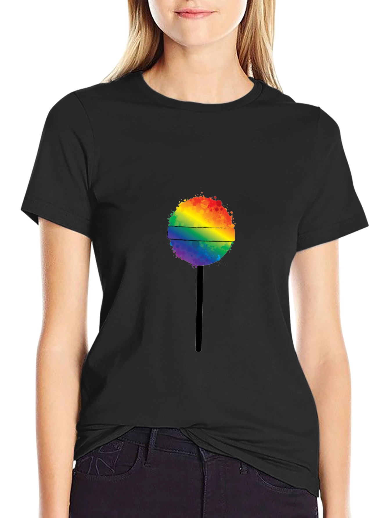 Rainbow Lollipop Graphic Tee - Black Cotton T-Shirt
