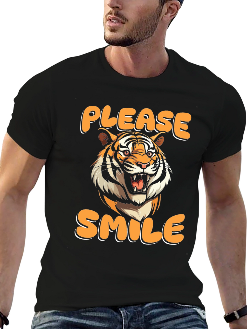Please Smile Tiger Graphic Tee - Black