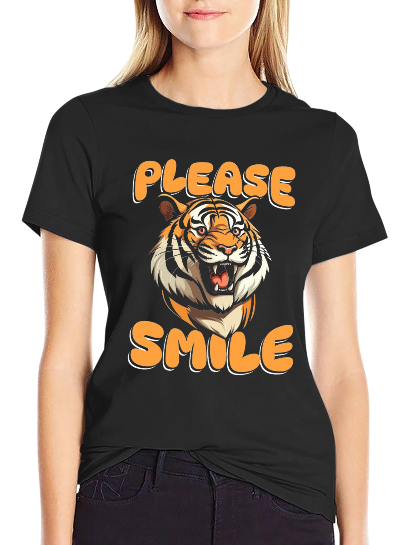 Please Smile Tiger Graphic Tee - Black