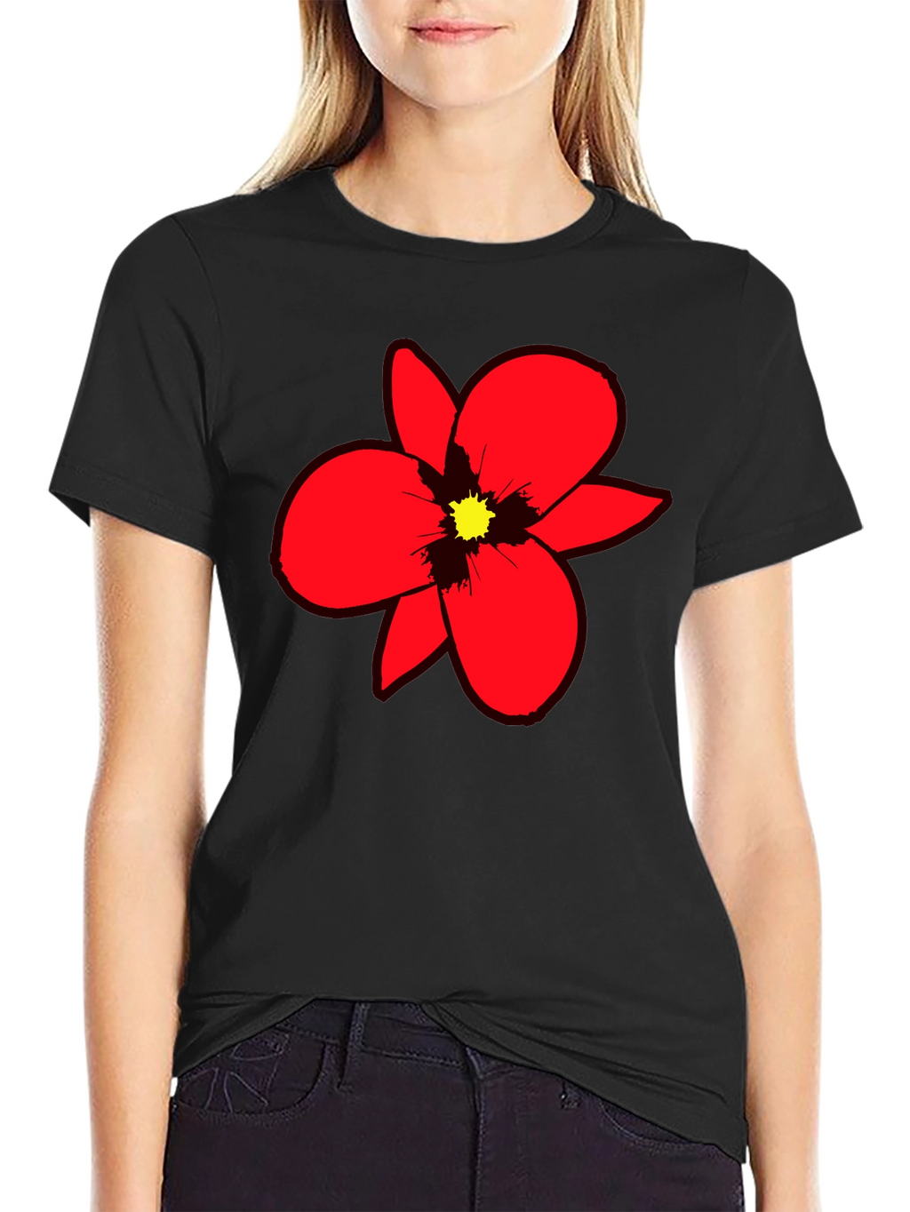 Bold Red Flower Graphic Tee - Black Cotton Blend