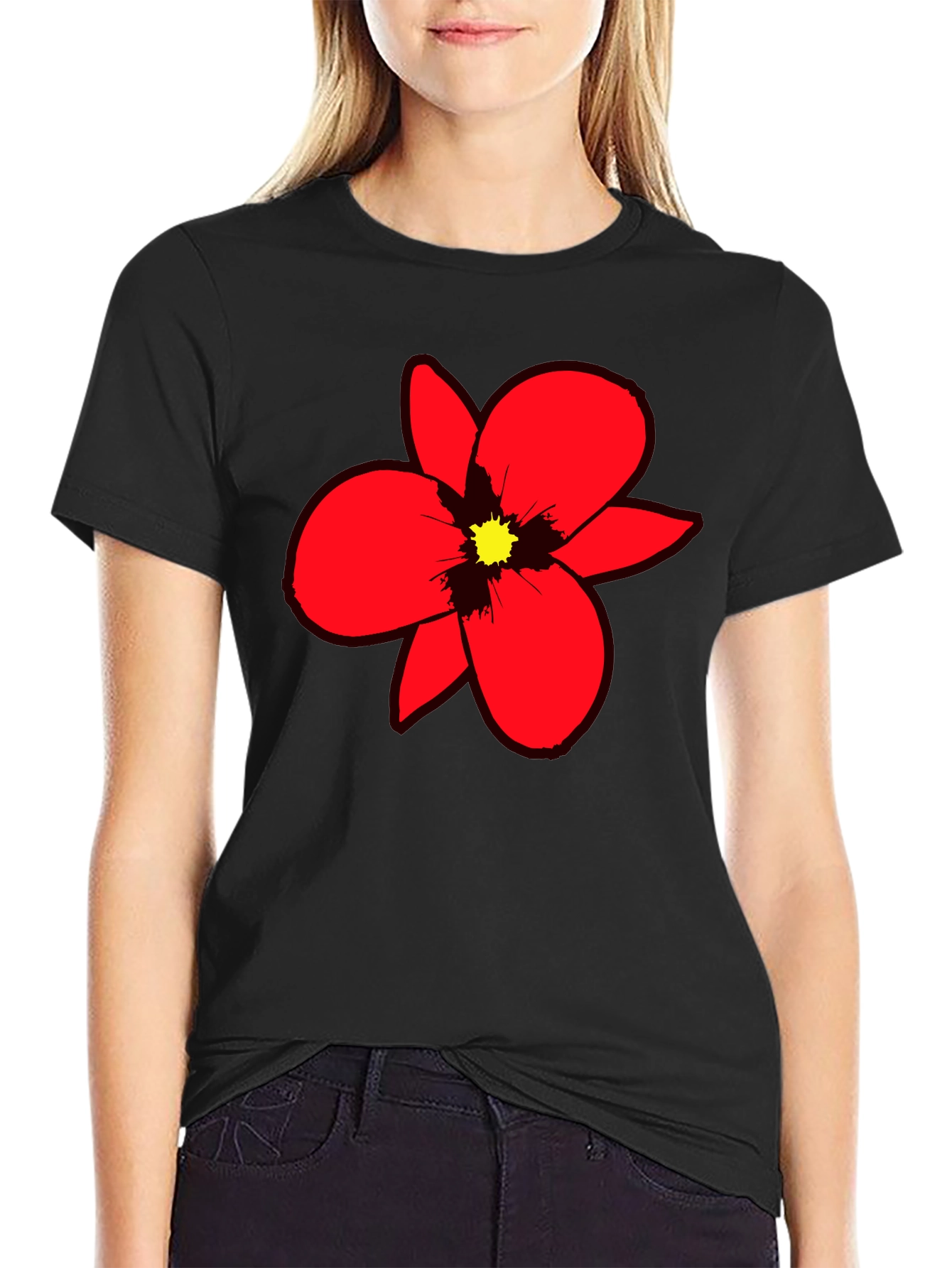 Bold Red Flower Graphic Tee - Black Cotton Blend
