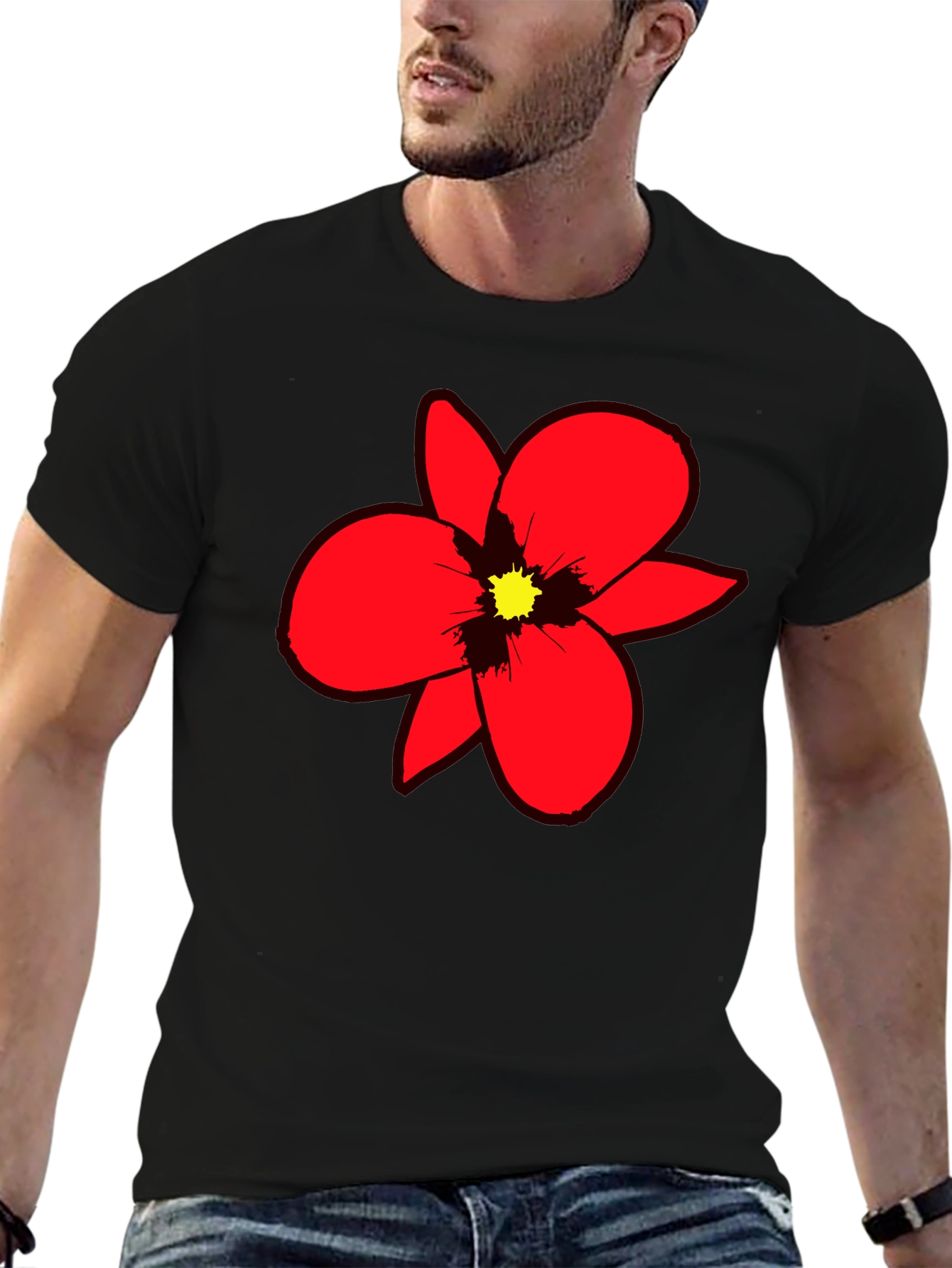 Bold Red Flower Graphic Tee - Black Cotton Blend