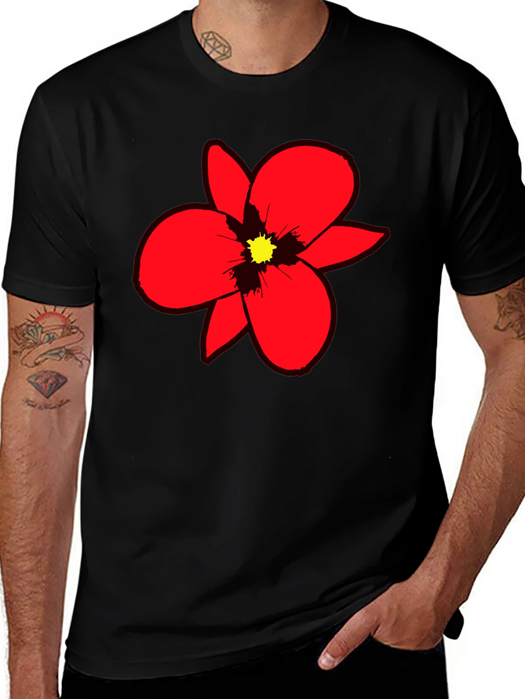 Bold Red Flower Graphic Tee - Black Cotton Blend