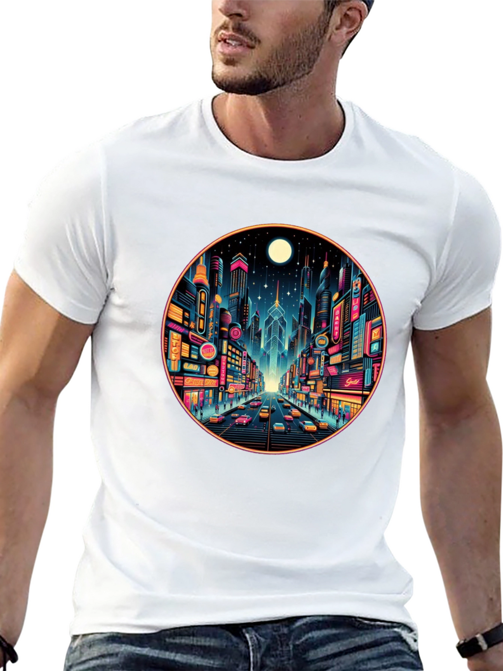 Neon Cityscape Black T-Shirt