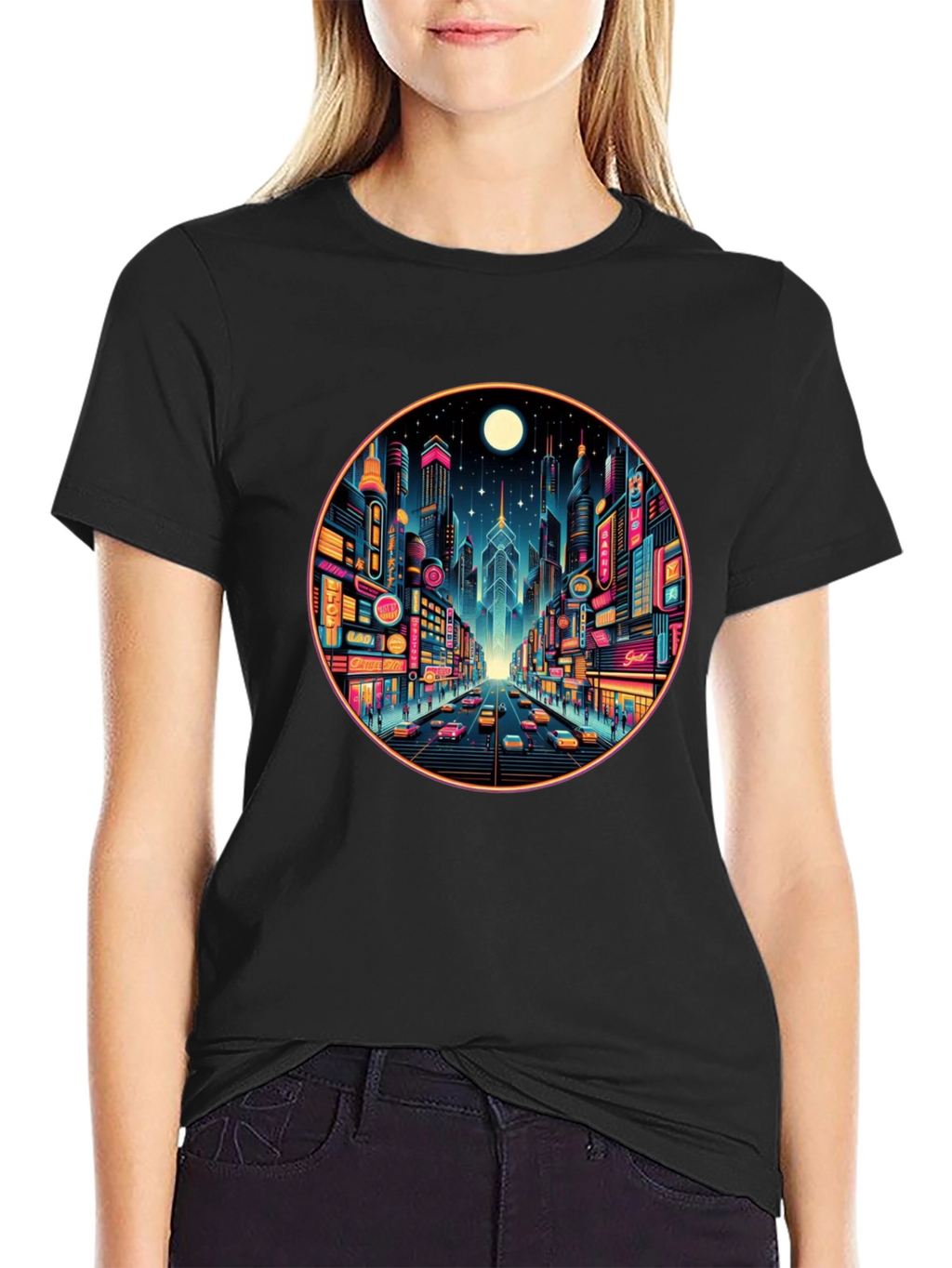 Neon Cityscape Black T-Shirt