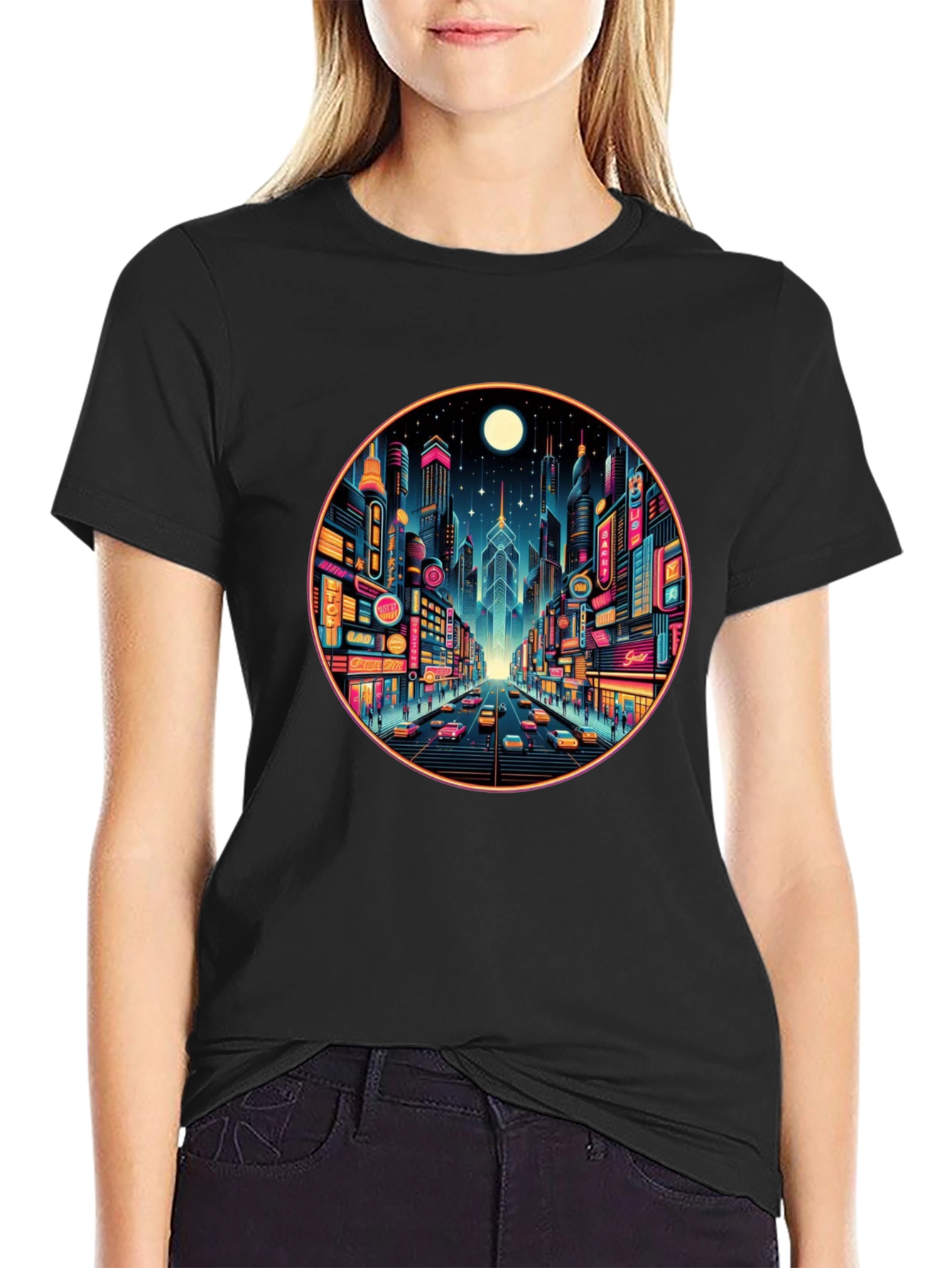 Neon Cityscape Black T-Shirt