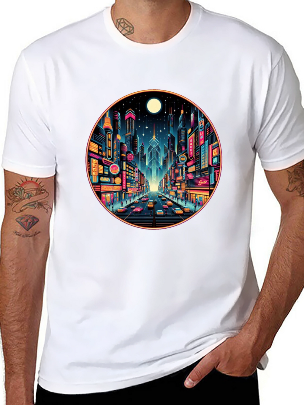 Neon Cityscape Black T-Shirt