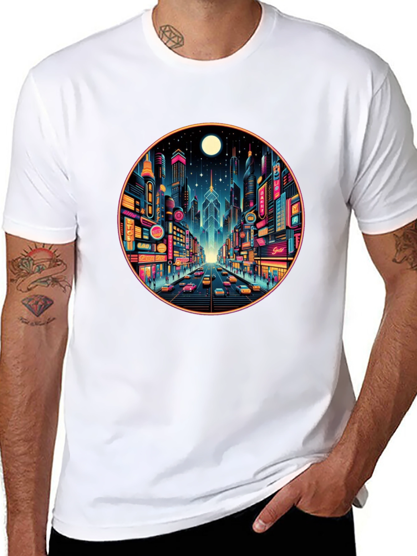 Neon Cityscape Black T-Shirt