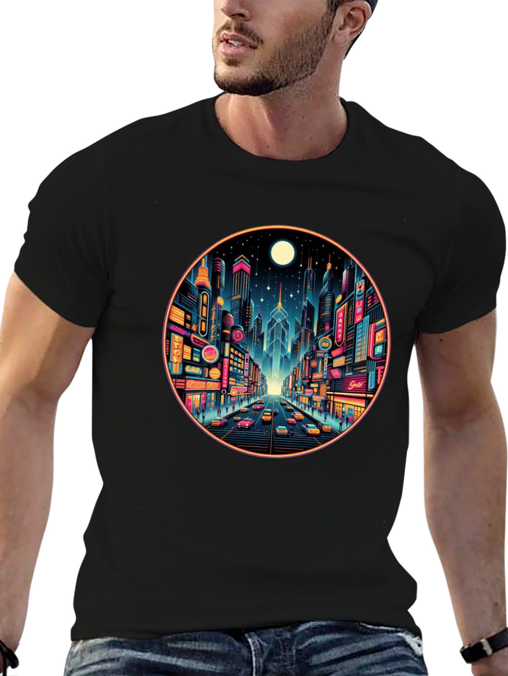 Neon Cityscape Black T-Shirt