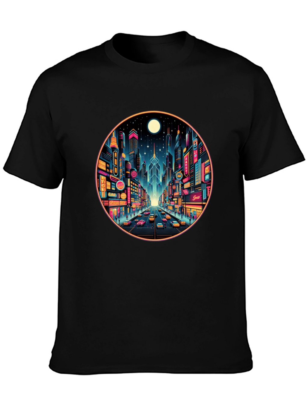 Neon Cityscape Black T-Shirt
