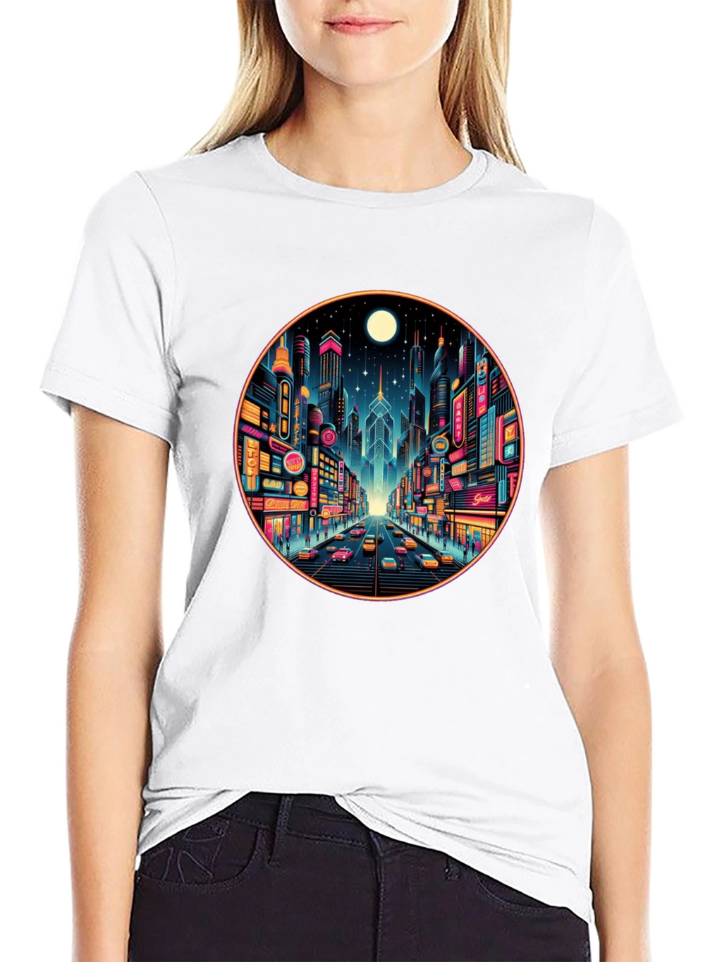 Neon Cityscape Black T-Shirt