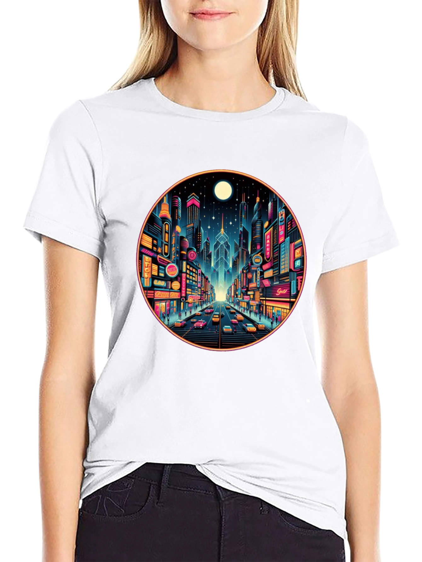 Neon Cityscape Black T-Shirt