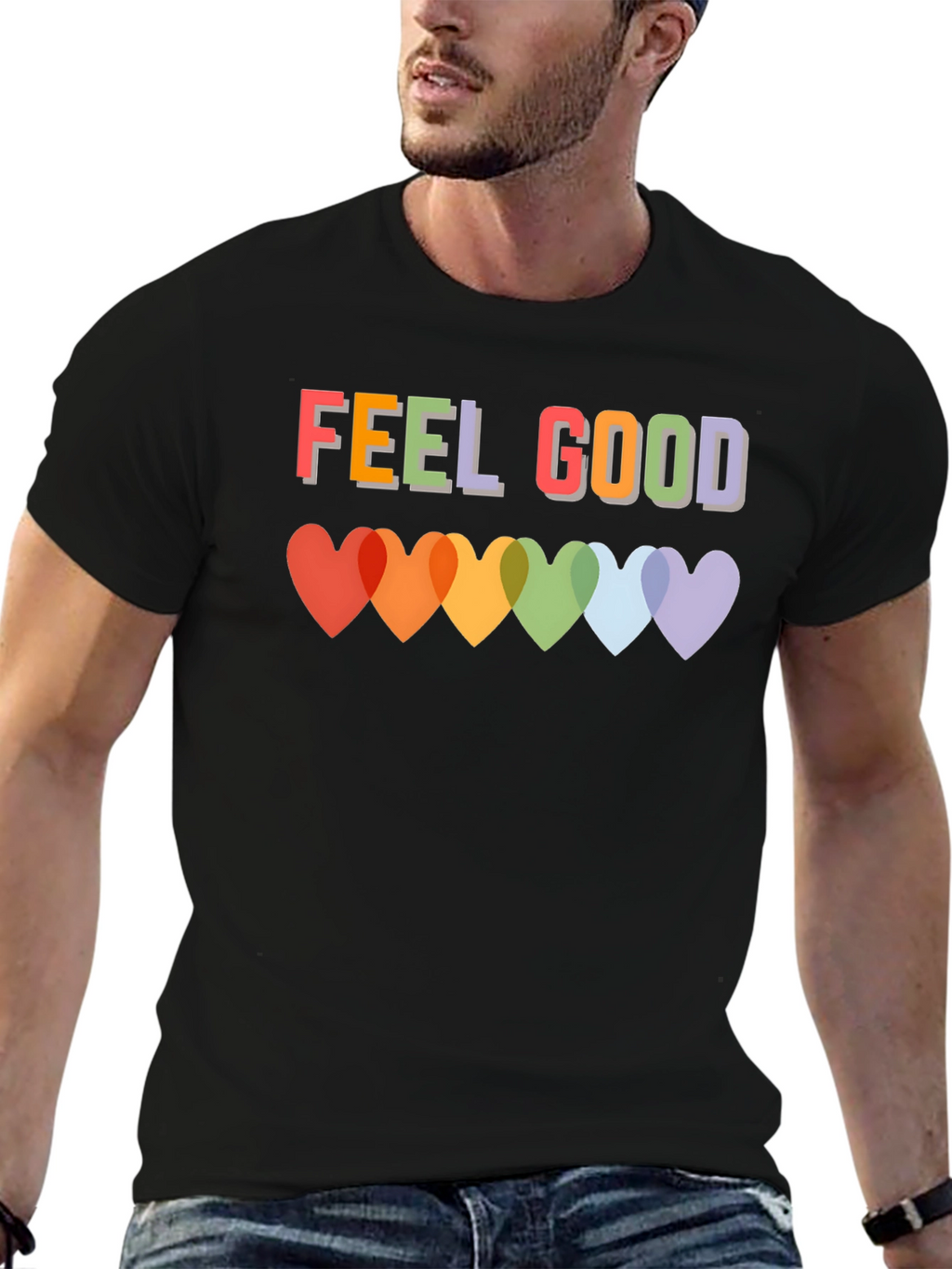 Feel Good T-Shirt - Rainbow Heart Graphic