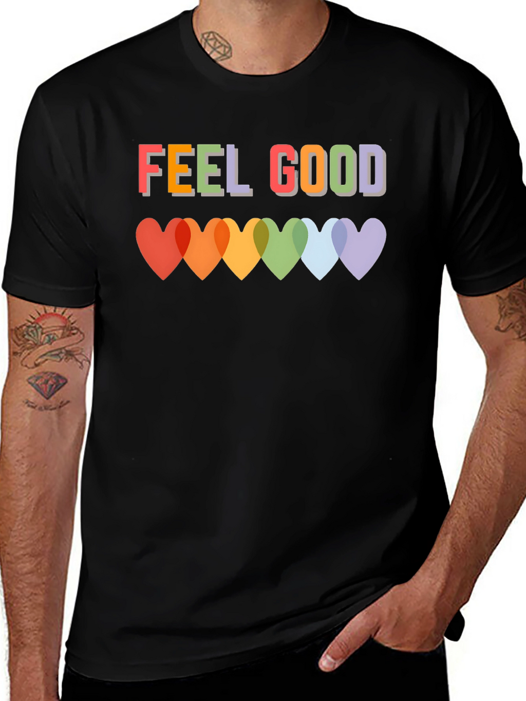 Feel Good T-Shirt - Rainbow Heart Graphic
