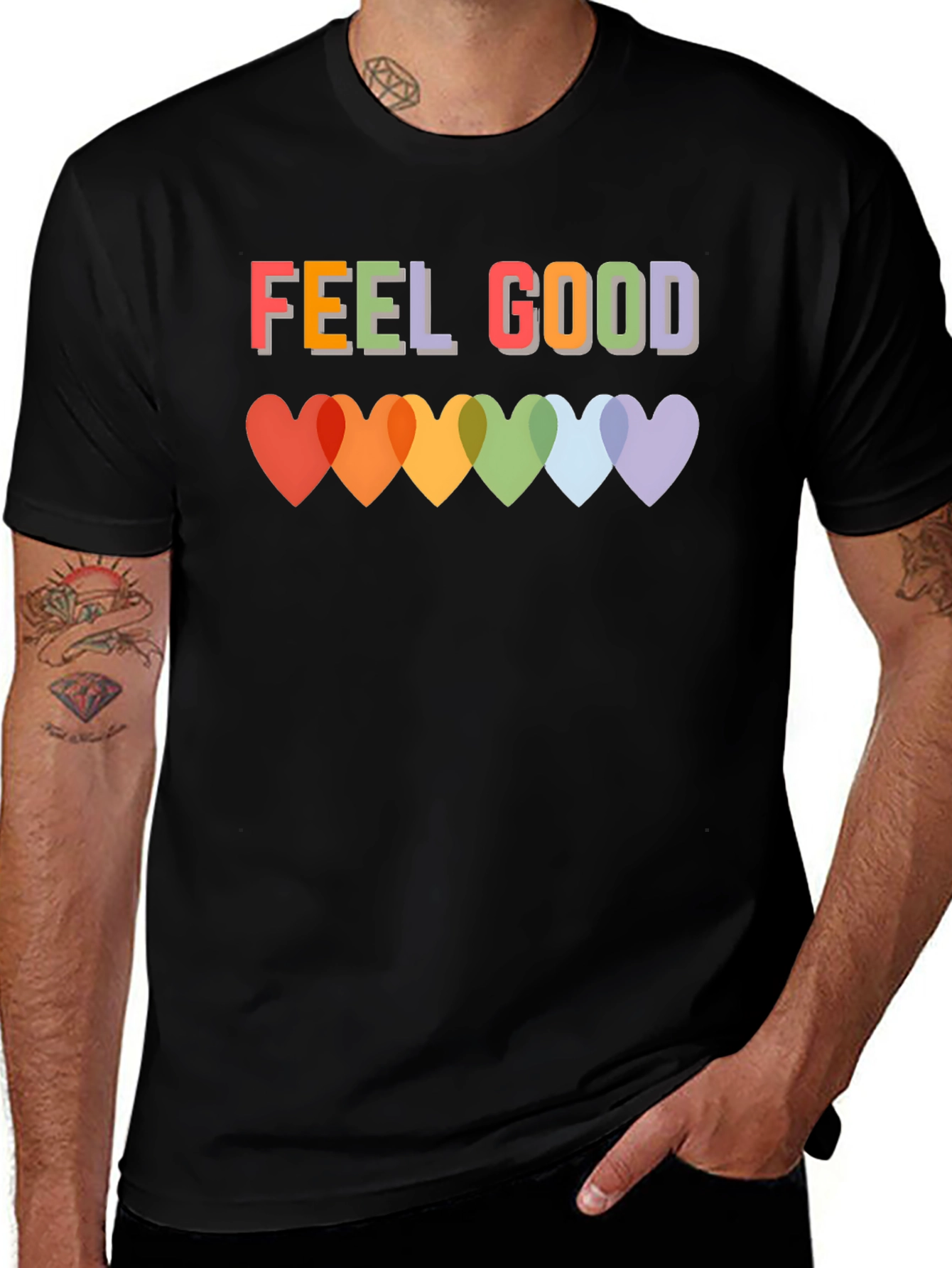 Feel Good T-Shirt - Rainbow Heart Graphic