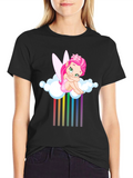Rainbow Fairy on Cloud Black T-Shirt