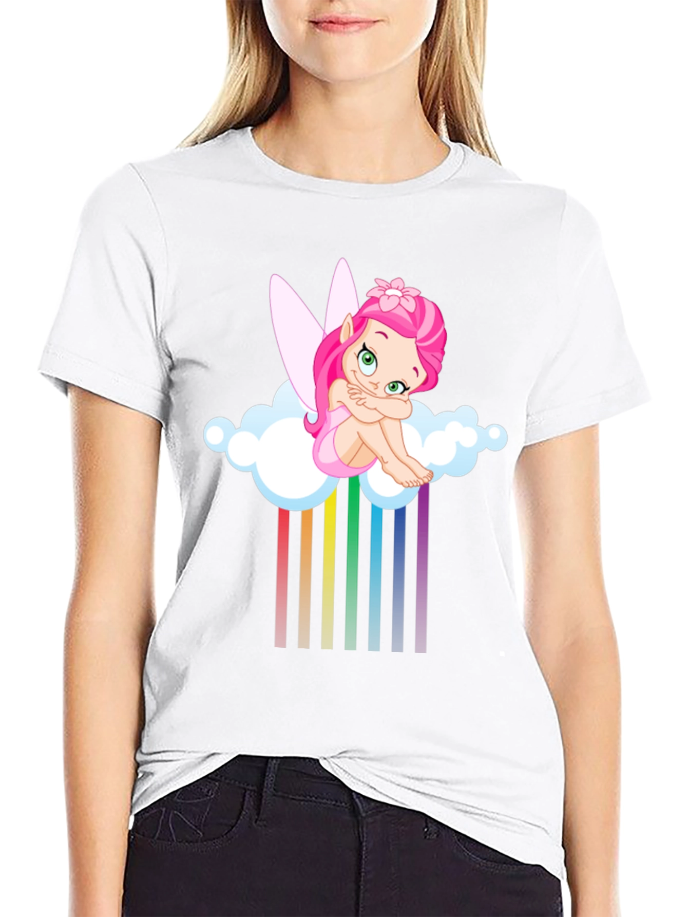 Rainbow Fairy on Cloud Black T-Shirt