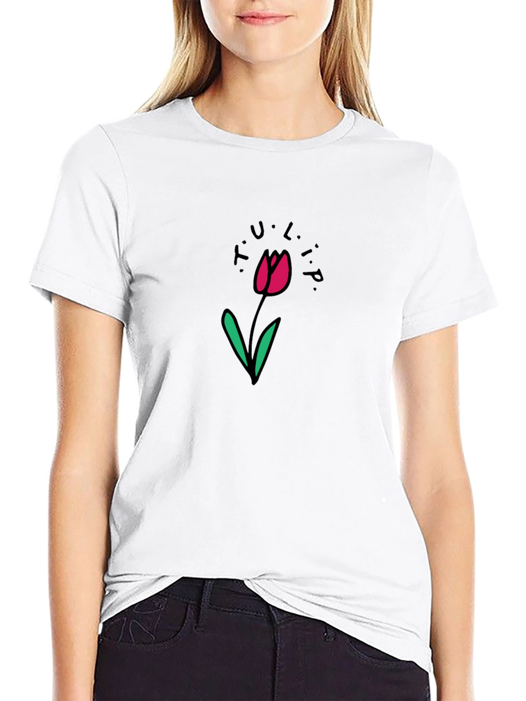 Black T-Shirt with Tulip Flower Design