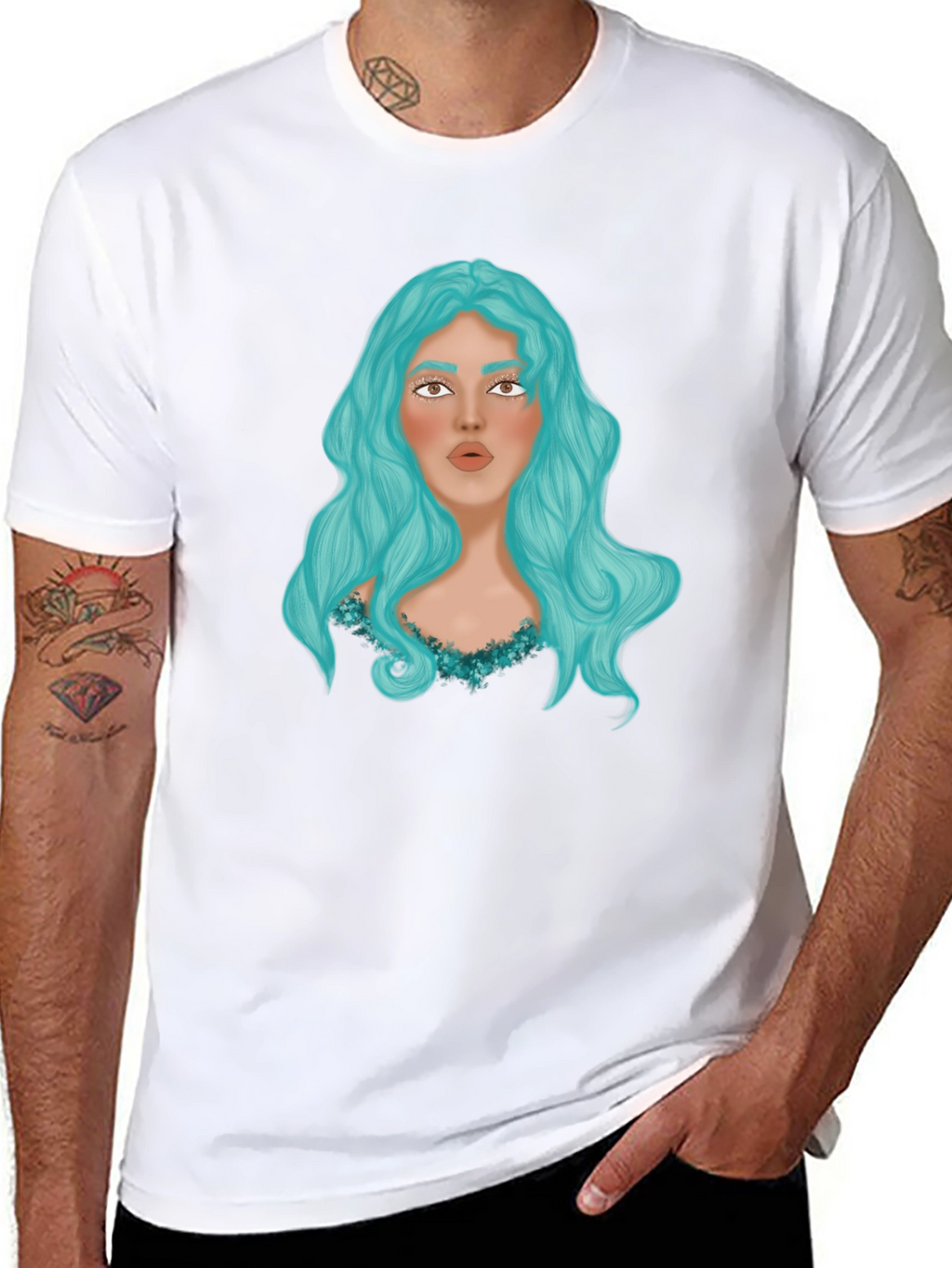 Graphic Print T-Shirt - Woman with Blue Hair