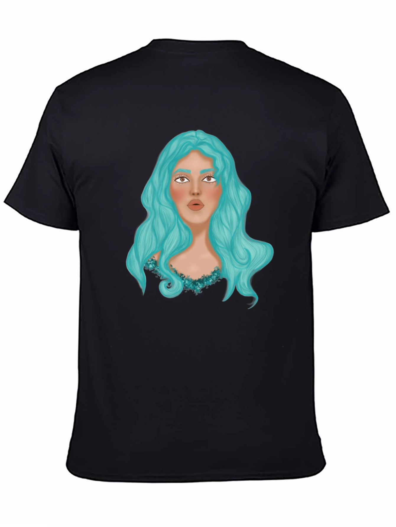 Graphic Print T-Shirt - Woman with Blue Hair