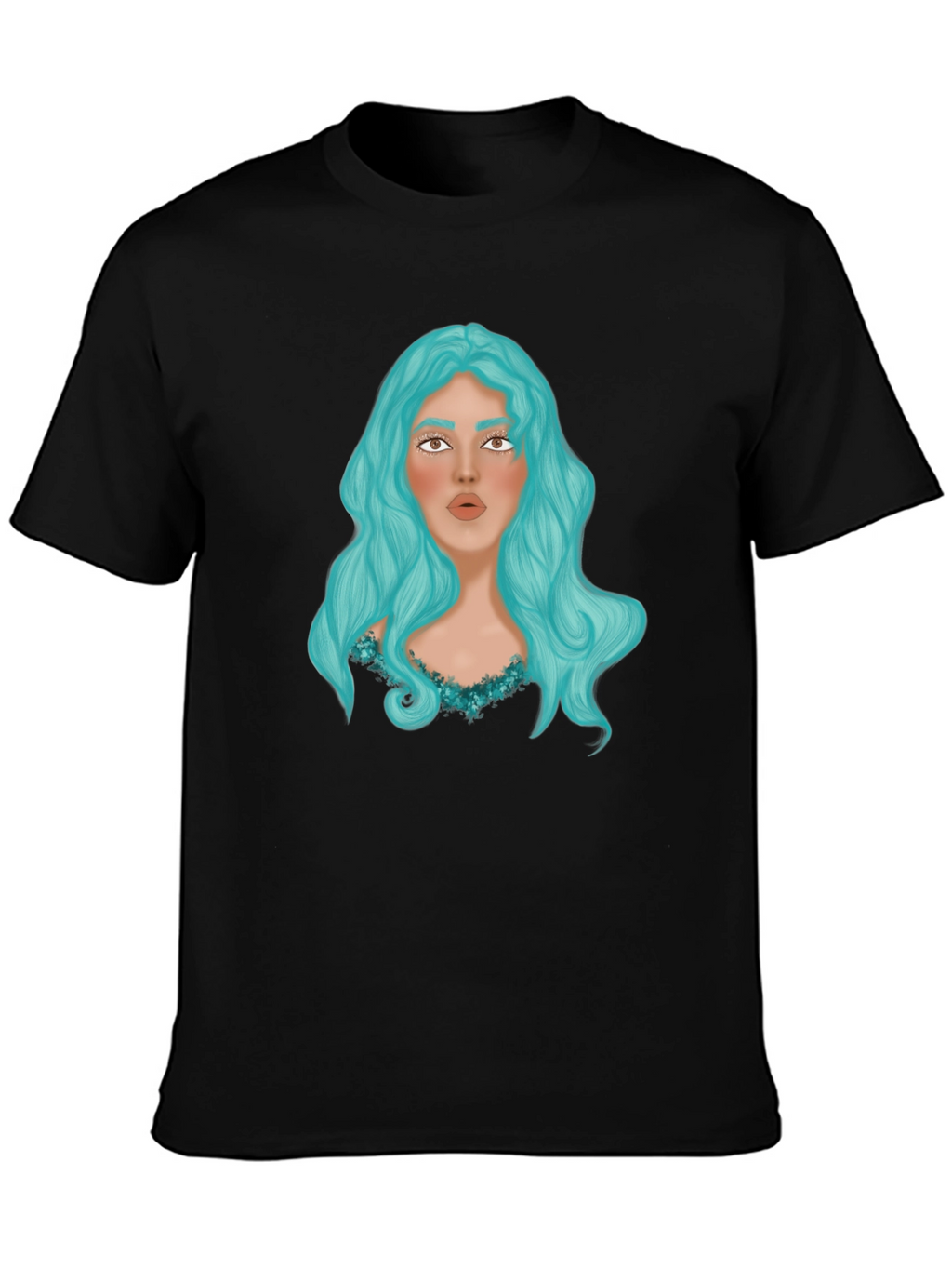 Graphic Print T-Shirt - Woman with Blue Hair