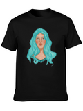 Graphic Print T-Shirt - Woman with Blue Hair