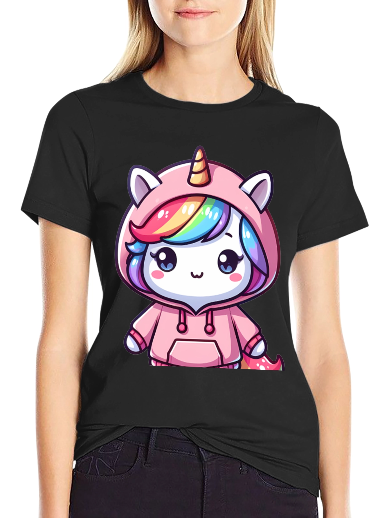 Unicorn Hoodie Graphic Tee - Black T-Shirt