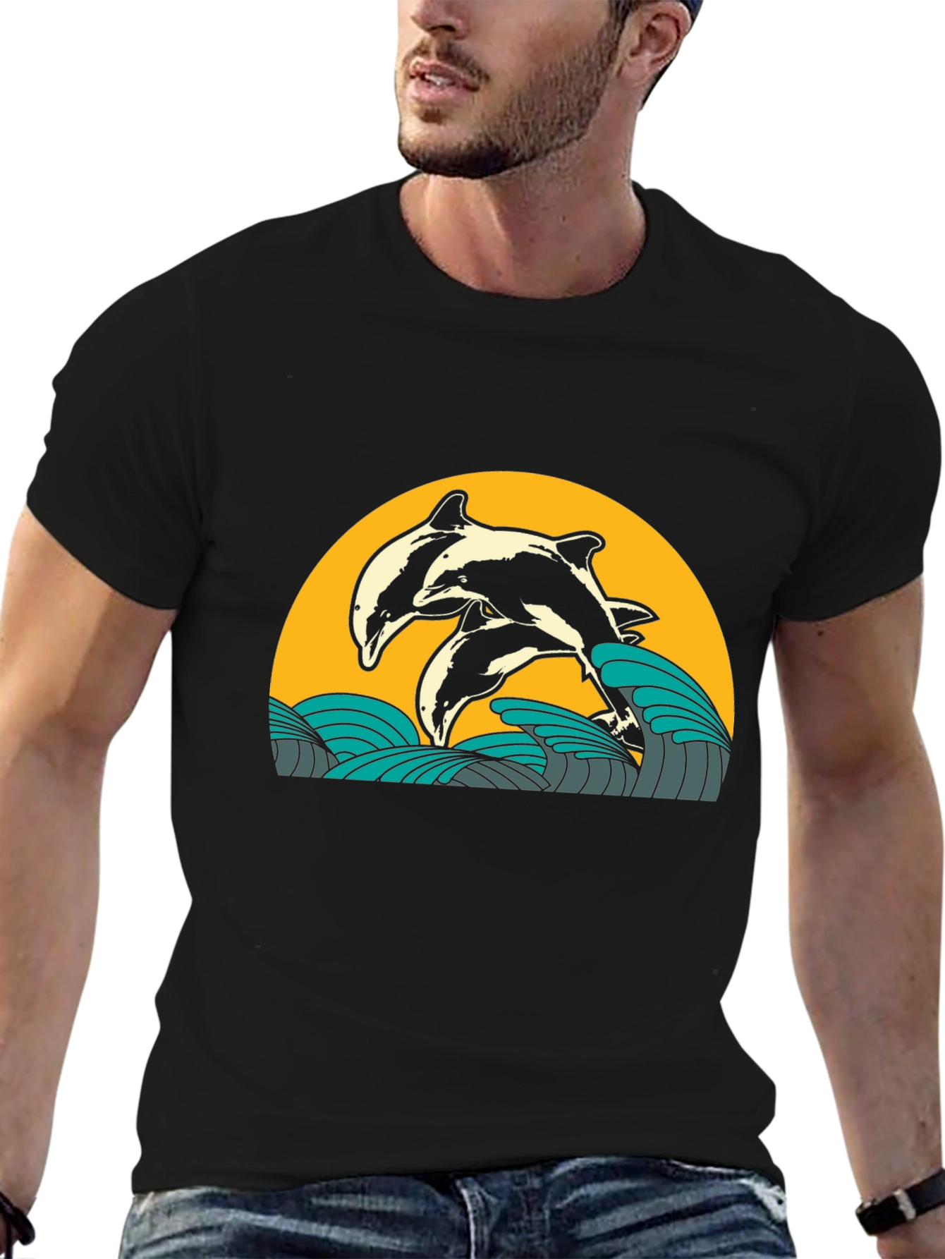 Dolphin Wave Graphic Tee - Black