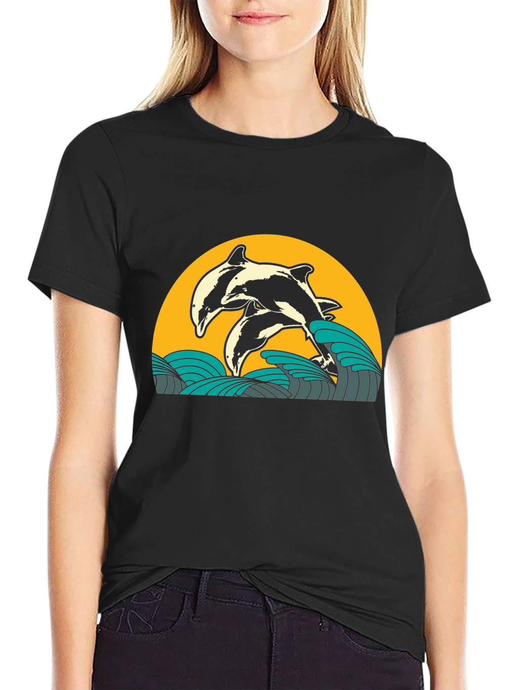 Dolphin Wave Graphic Tee - Black