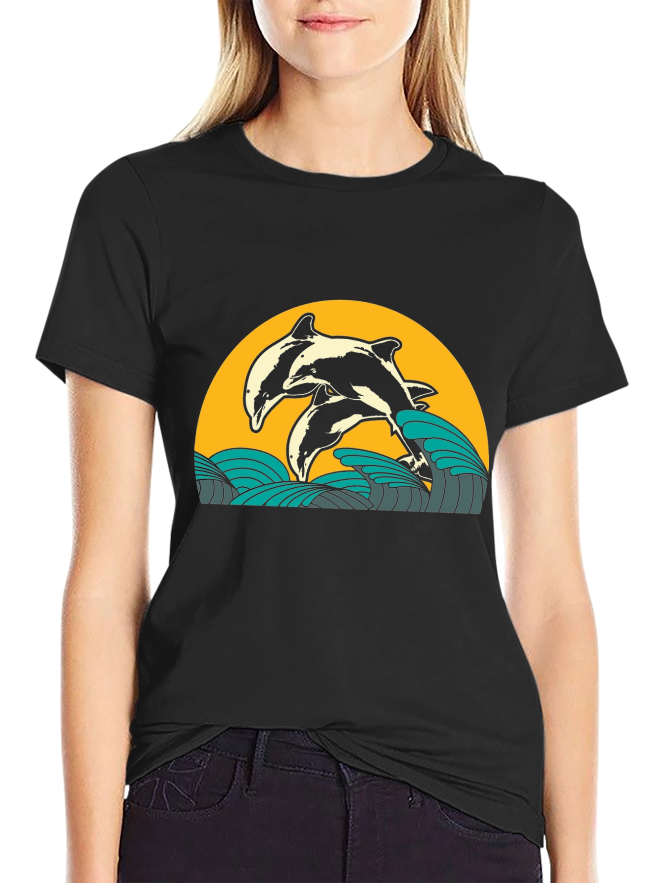 Dolphin Wave Graphic Tee - Black