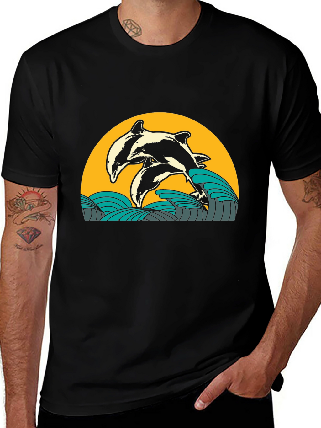Dolphin Wave Graphic Tee - Black